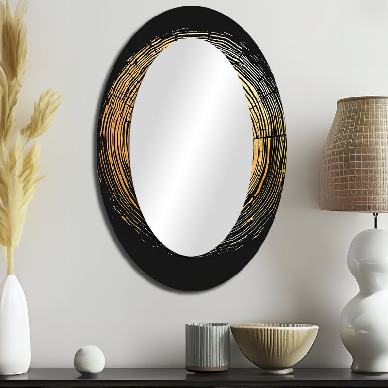 Abstrait noir et or d'anneau d'arbre I - miroir mural ovale noir, 36 po x 24 po