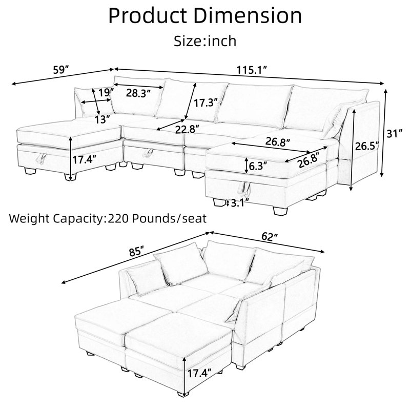 115" U-Shape Modular Sectional Sofa Bed | Light Green Linen, 6 Hidden Storage Seats + Reversible Chaise, Convertible Sleeper, 220 lb/Seat