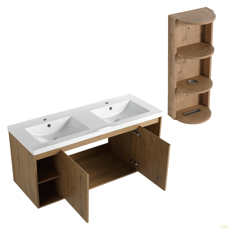 Meuble-lavabo mural 48 po avec double lavabo et support de rangement, portes à fermeture douce, armoire combinée (KD-Packing)