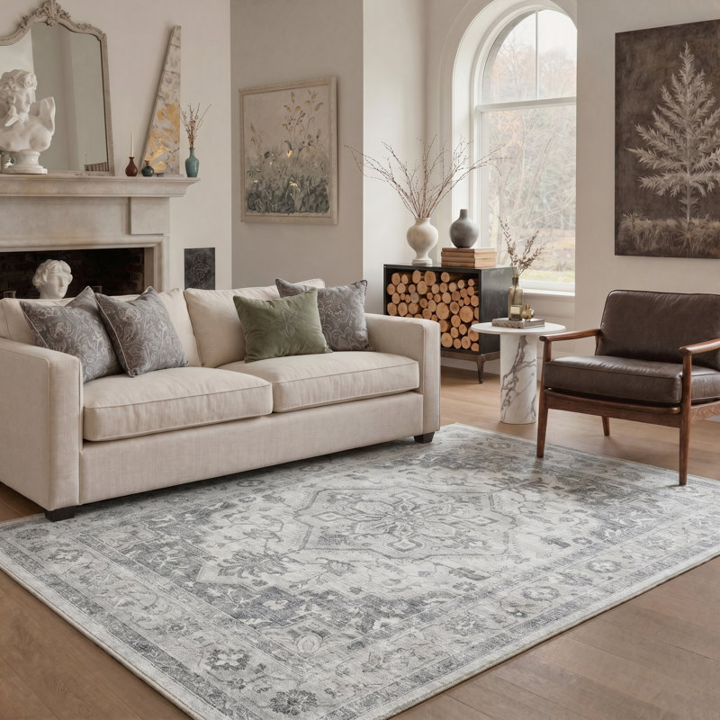 Medallia Floral Machine Washable Grey Indoor Area Rug with Non-Slip Backing, Round 5'