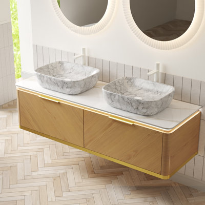 60" Double Sink Floating Bathroom Vanity With Vessel Sinks & Sintered Stone Top,Plywood Cabinet, Gold Trim, LED Sensor Light,Pre-Assembled, Double Drawer