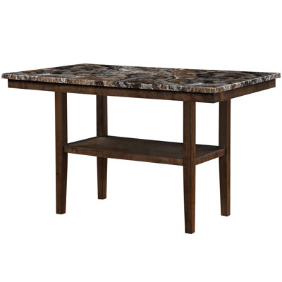 Brown Rectangular Bar Table With Faux Marble Top, Solid Wood+ Main Material, And Storage Shelf For 6 - Seat Dining Shelf, Shape Person In Room