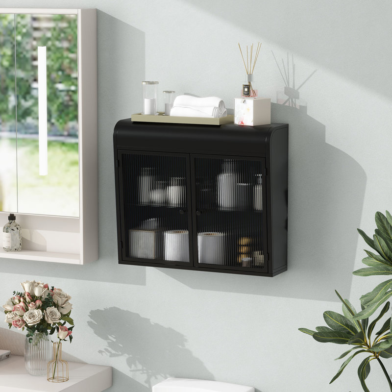 2-Door Wall-Mounted Metal Storage Cabinet With Tempered Glass Doors & Shelves For Bathroom, Antique Black