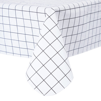 Waterproof Rectangle Tablecloth Checkered Vinyl with Flannel Backing 52"x 90",White Black Windowpane Grid 