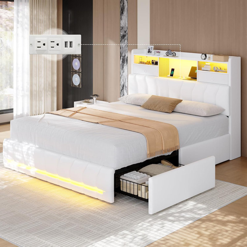 Twin-Size Bed Frame With Storage Headboard And Two Large Drawers, Gaming Bed With Rgb Lighting And Charging Station, E-Sports Style Bed, No Spring Mattress Required, White.