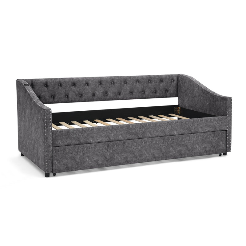 Daybed With USB Charging & Pull-Out Extendable Bed, Button Back, And Copper Nail Waved Arms For Modern Comfort And Convenience