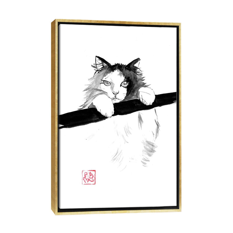Chat japonais - reproduction d'art murale - toile encadrée, 40" x 26", Framed Canvas, Gold