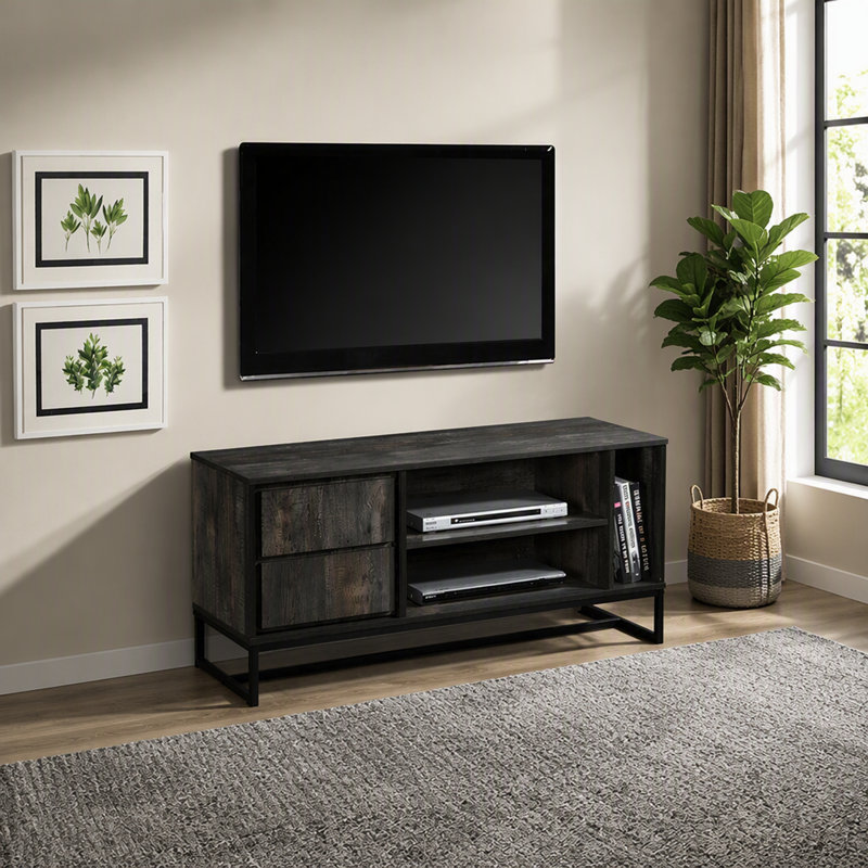 Meuble télé de style moderne du milieu du siècle avec rangement à plusieurs niveaux et garde-robe