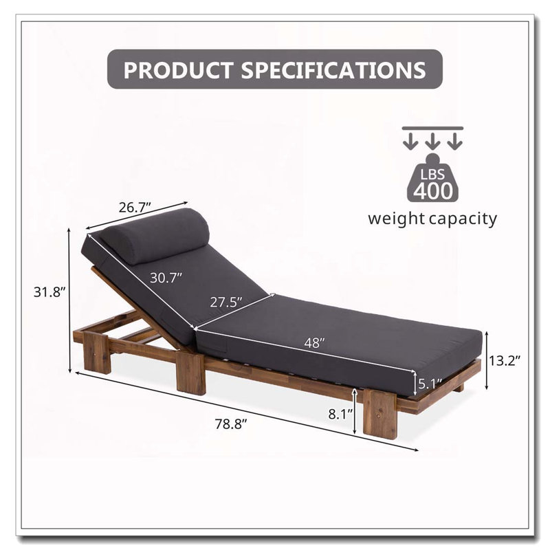 Acacia Wood Chaise Lounge Chair with Adjustable Backrest, Retractable Side Tray, and Headrest, Dark Gray