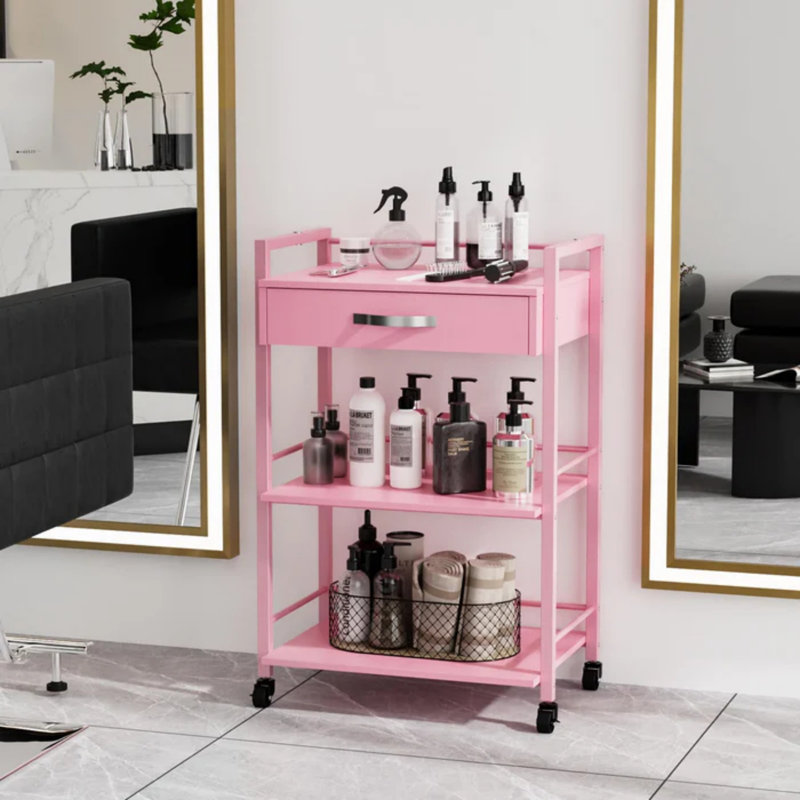 Pink Wooden Rolling Utility Trolley Cart With 1 Drawer 2 Shelves, Pink