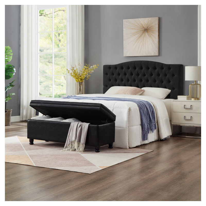 Banc de rangement rembourré capitonné avec similicuir, siège d'entrée noir avec compartiment intérieur et pieds en bois d'hévéa