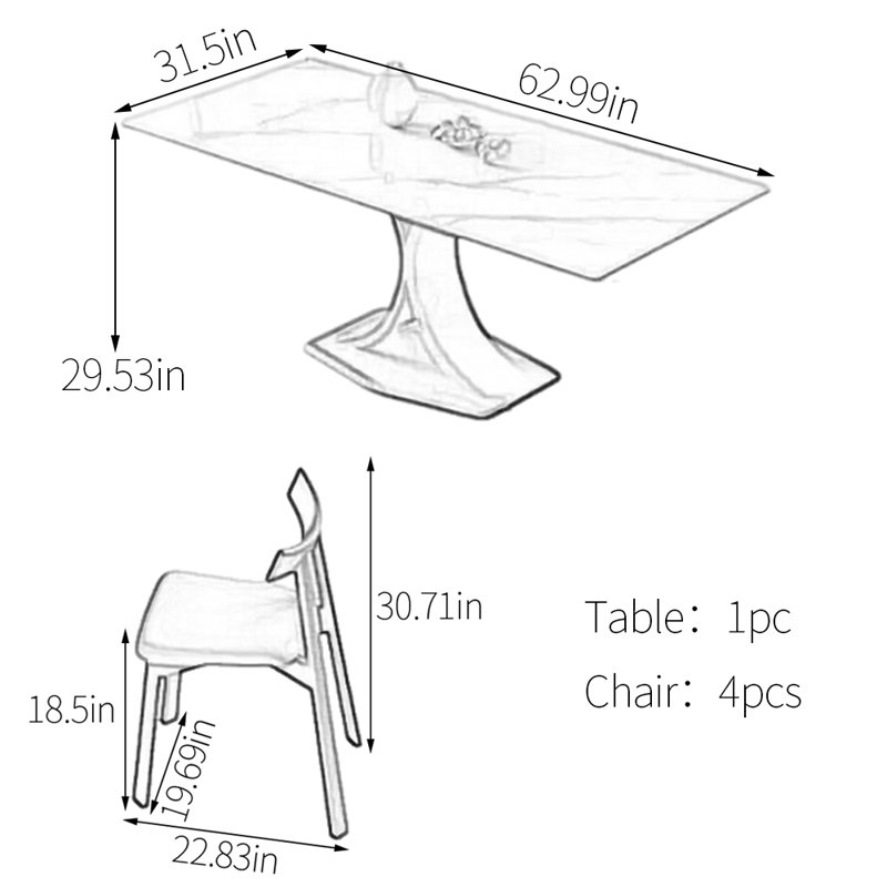 Ensemble de table de salle à manger rectangulaire en pierre frittée simple, H 29,53 po x L 62,99 po x l 31,5 po