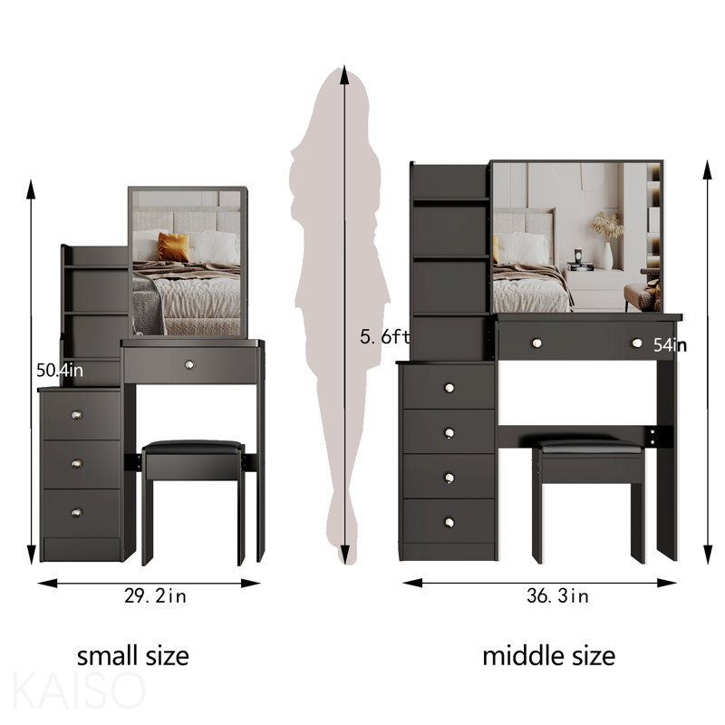 Petite coiffeuse 29,2 po avec tabouret de chevet gauche + tabouret rembourré, très grand miroir coulissant à droite, rangement multi-couches grande capacité, commode pratique et pratique, convient aux petits espaces