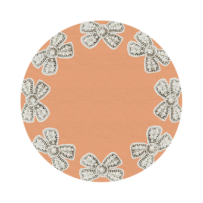 Pearl Bow Vegan Leather Round Pebble Placemat, Peach