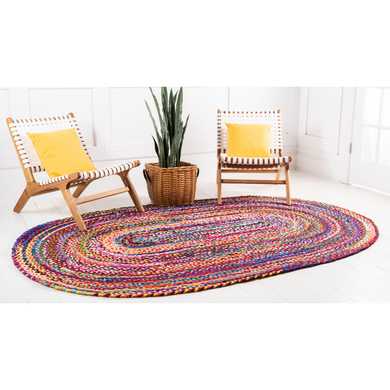 Tapis jaune / rose en coton tressé à la main Marcantel, Oval 8 pi x 10 pi