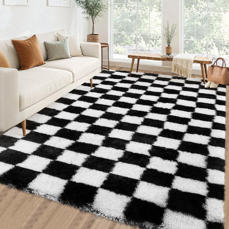 2x6 Runner Rug - Machine Washable, Non-Slip, Stain-Resistant Checkerboard Plush Carpet for Hallways, Entryways, Bedrooms (Navy Blue)