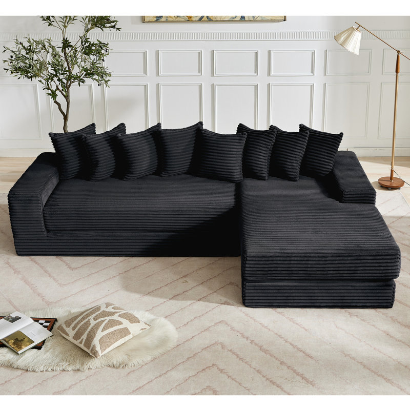 [NEW ARRIVED] [VIDEO PROVIDED] Oversize Cloud Sectional Couch, L-Shape Sofa, Convertible Floor Sleeper Sofa Bed, No Assembly,Eight pillows,3-in-1,Magazine bag,(Right Facing Sofa),Corduroy,Black