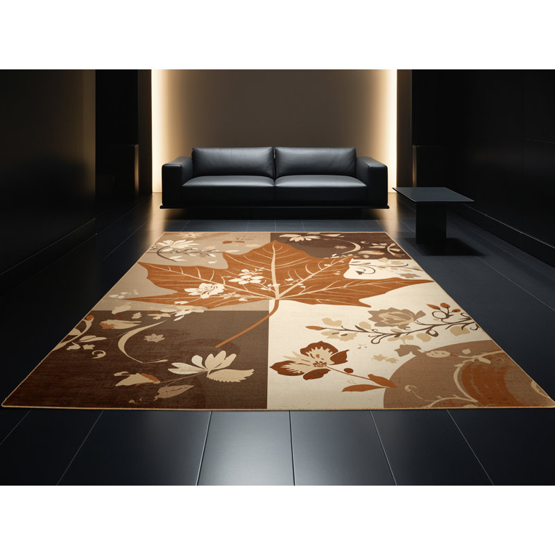 Tapis floral classique feuille d'érable Paesyn lavable à la machine en brun - reliure brun clair, 5x7