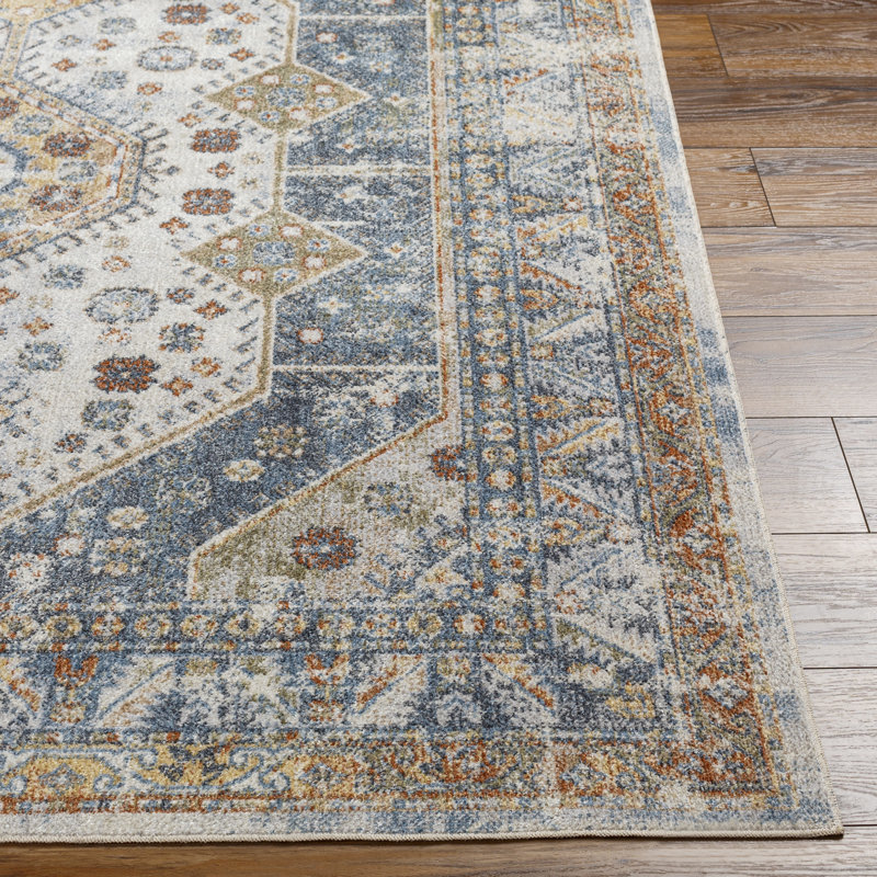 Washburn Machine Washable Oriental Blue/Ivory Area Rug, Rectangle 7'10" x 10'2"