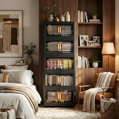 Armoire de rangement pliante à 5 niveaux de 20 po de largeur avec roulettes et bac de rangement pliable en plastique avec portes magnétiques (noir / noir rétro / brun rétro / bleu-rose)