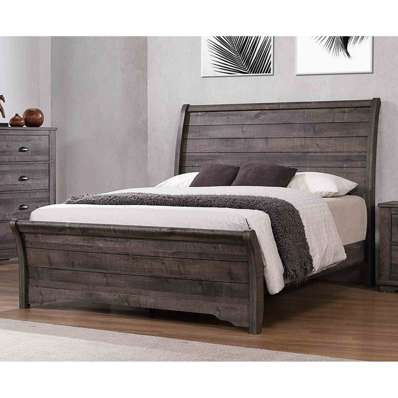 Grand lit contemporain gris avec lignes horizontales sur tête de lit courbée, pieds de support, cadre en bois pour la chambre à coucher, sommier requis, installation facile