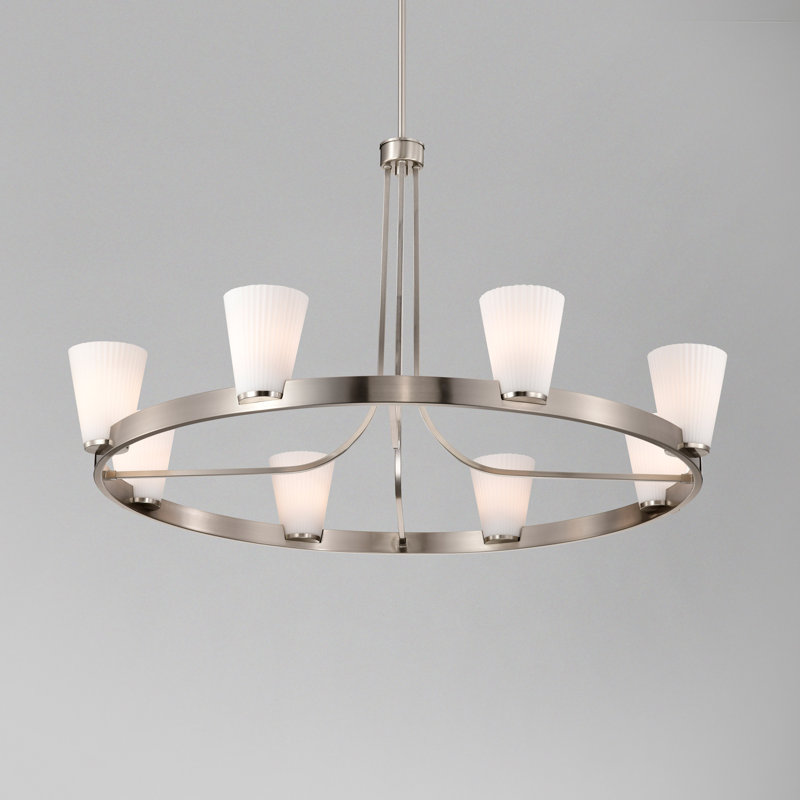 Royale - Lustre - Verre blanc nervuré, H 22 po x l 40 po x P 40 po, Nickel brossé, 8 lumières