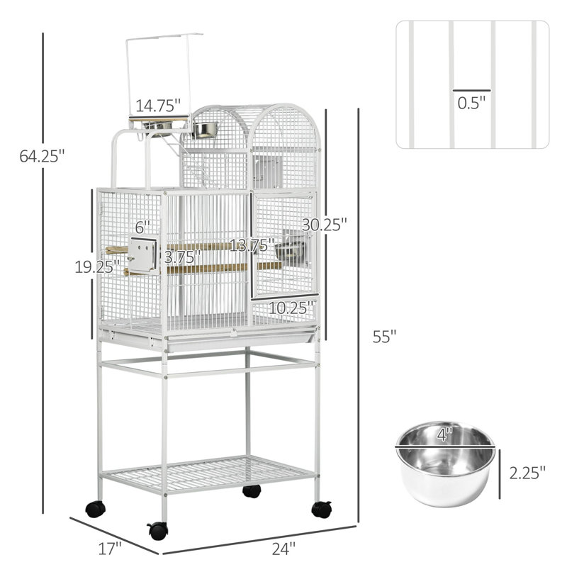 Cage à oiseaux 1 pièce acier / bois blanc avec support roulant