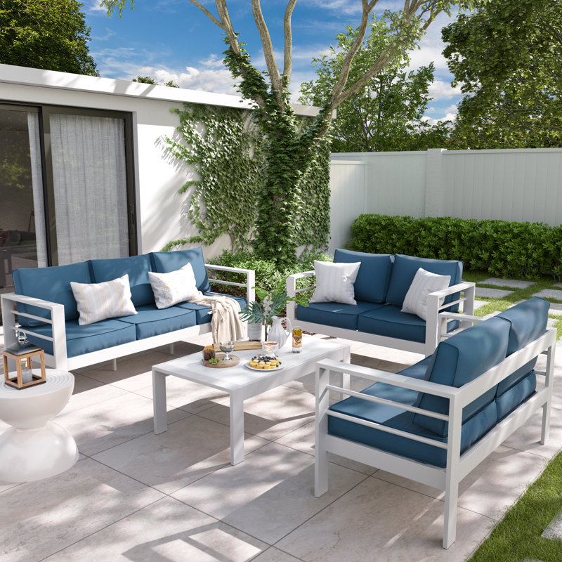 Kassidee 4 - Person Patio Conversation Set with Cushions, Blue, White