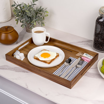 17 po Soren W Grand plateau à déjeuner rectangulaire en bois d'acacia avec poignées, brun