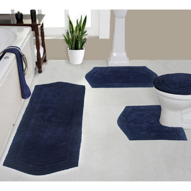 Waterford 4 Piece Bath Mat Set with Lid Cover, Quick Dry, Machine Washable Rugs, Absorbent, Navy