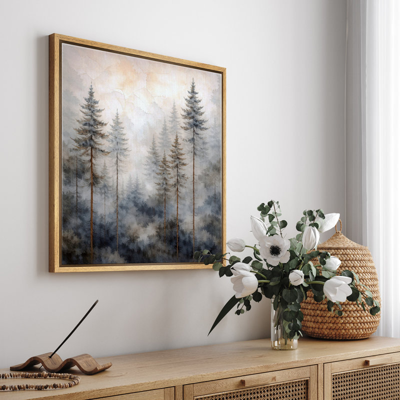 «Misty Pine Forest Landscape», neutre, forêt naturelle, images, impression sur toile encadrée, Cadre naturel
