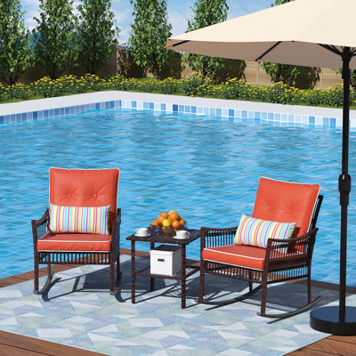 Outdoor Denya Set, Wicker Rocking Chairs Bistro Set With Coffee Table, Outdoor Conversation Set For Garden And Balcony,3 Pieces,Orange