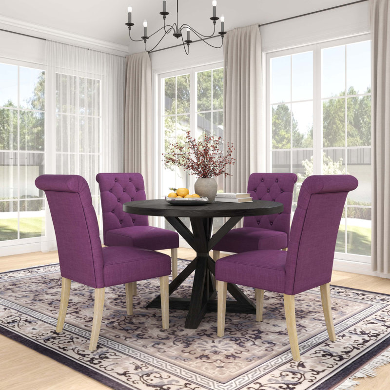 5-piece Dining Set, Cross-Buck Round Table with 4 Tufted Chairs, Purple