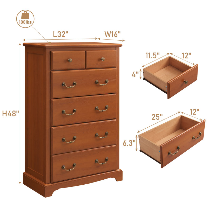 Krijna 32" W  Vintage 6 Drawers Dresser Chests, Wood Rustic Tall Chest of Drawers, Cherry