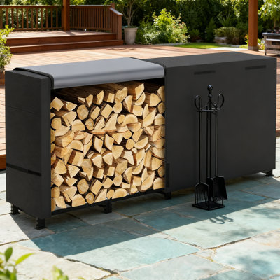 Heavy Duty 8Ft Outdoor Firewood Rack With Waterproof Cover, 2 Lateral Support Rods, Powder-Coated Steel Frame, Carrier Bag And Tool Hooks For Secure Wood Storage