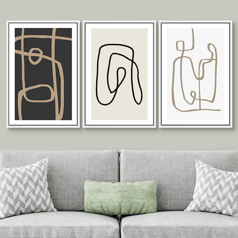 Esthétique abstraite, ligne noire, art moderne minimaliste, encadré sur toile, 3 pièces, H 24 po x l 48 po, Blanc