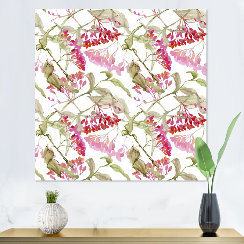«Blossoming Red Flowers With Green Leaves On White», peinture sur toile, Toile tendue, H 16 po x l 16 po x P 1 po