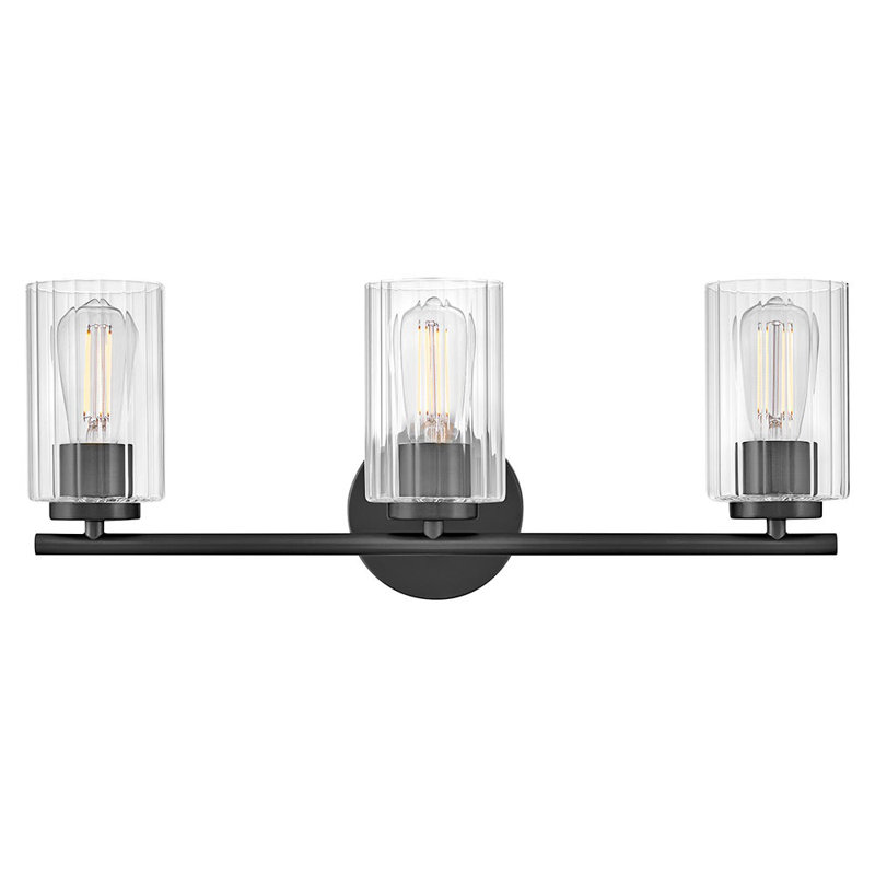 3-Light Bath Vanity Fixture with Clear Ribbed Glass, Black