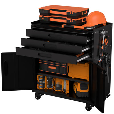 34.3" Metal Tool Cabinet - Mobile Workbench For Workshop. All In One Design With Secure Storage And Stable Work Surface. 3 Drawers 2 Lockable Compartments. Adjustable Shelf Side Panels Rolling