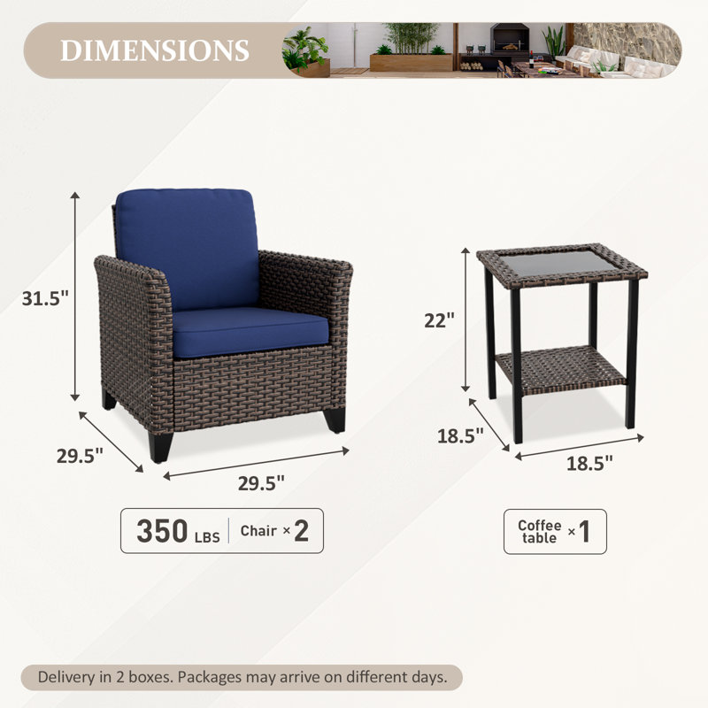 Blue Cushioned 3-Piece Black Steel Wicker Patio Set