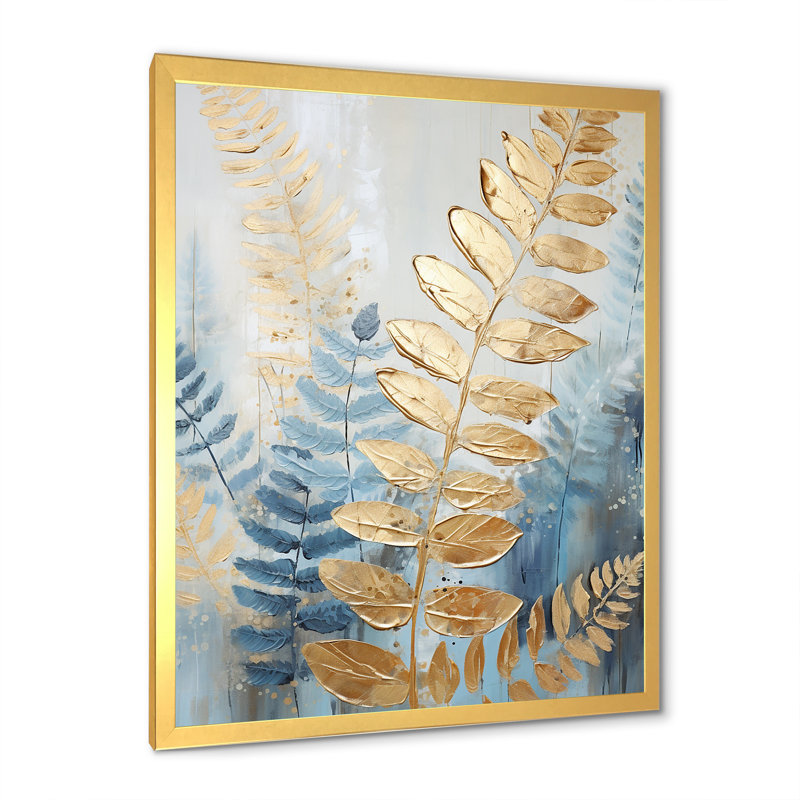 «Blue and Golden Ferns Breeze Symphony III», reproduction sur toile, Cadre doré simple, H 44 po x l 34 po x P 1,5 po