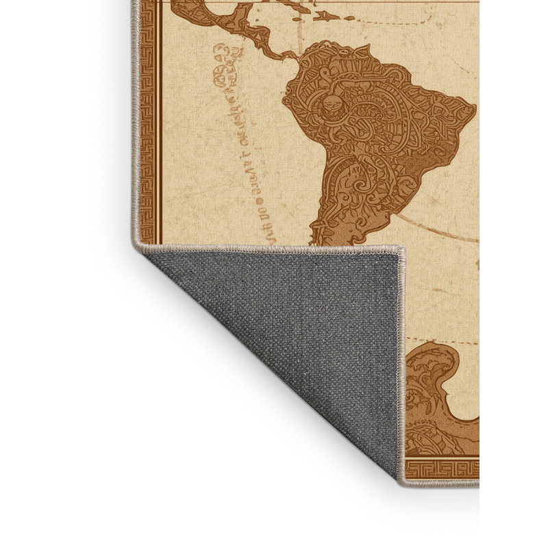 Tapis oriental doux et moelleux à motif de carte du monde avec affiche beige et brun, 7 x 10