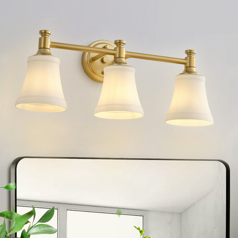 3 Light Brass Gold Bathroom Light Fixtures with Beige Glass