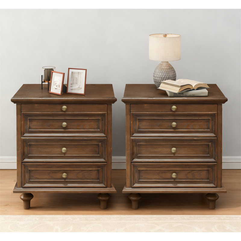Modern Farmhouse Nightstands Set of 2 with 4 Drawer - Walnut Brown