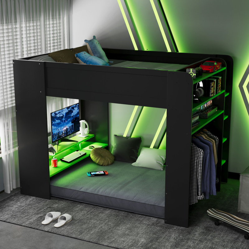 Full Size Loft Bed With Lighted Adjustable Desk, Open Wardrobe, And Bookcase, Black/Green