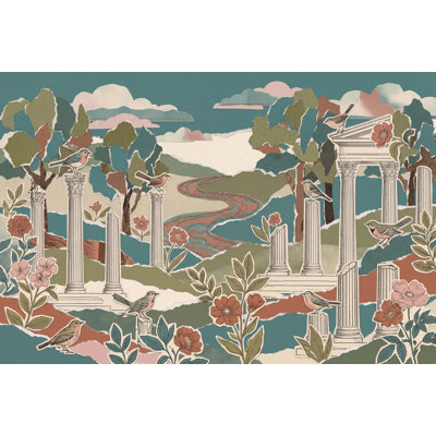 Papier peint paysage pittoresque, ruines du temple, décoration murale oiseaux amovibles