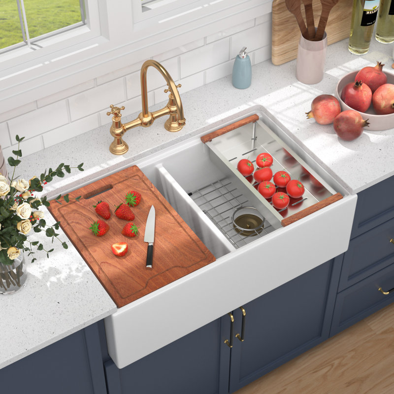 20" W Ceramic Apron Front Farmhouse Kitchen Sink 10 Inch Deep Reversible Basin Workstation Sink, Double Bowl