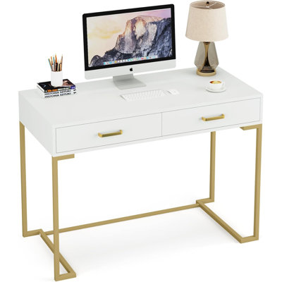Bureau d'ordinateur avec 2 tiroirs, bureau de bureau moderne, table d'écriture compacte, bureau de coiffeuse pour chambre à coucher, bureau ou petits espaces, structure en métal, style minimaliste