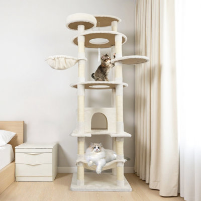 Arbre à chat beige autoportant de 78 pouces avec poteaux, condos et balles Jinging - Idéal pour plusieurs familles