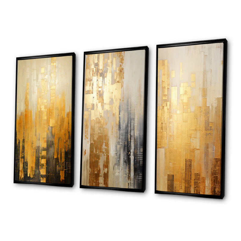 Grille dorée gratte-ciel - ensemble de 3 impressions sur toile gratte-ciel, Cadre flottant noir, H 40 po x l 60 po